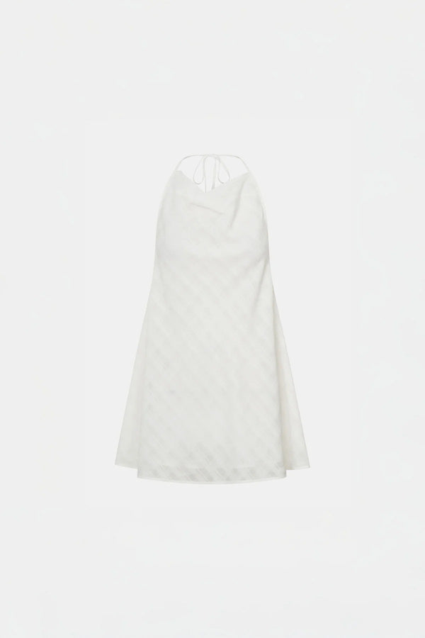 Louise Handkerchief Top by Camilla and Marc – a soft white sheer check halter top with a draped cowl neckline, perfect for light elegant styling.