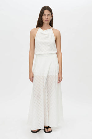 Louise Maxi Skirt by Camilla and Marc – a soft white sheer check maxi skirt with an elastic waist and detachable lining, perfect for elegant layering.