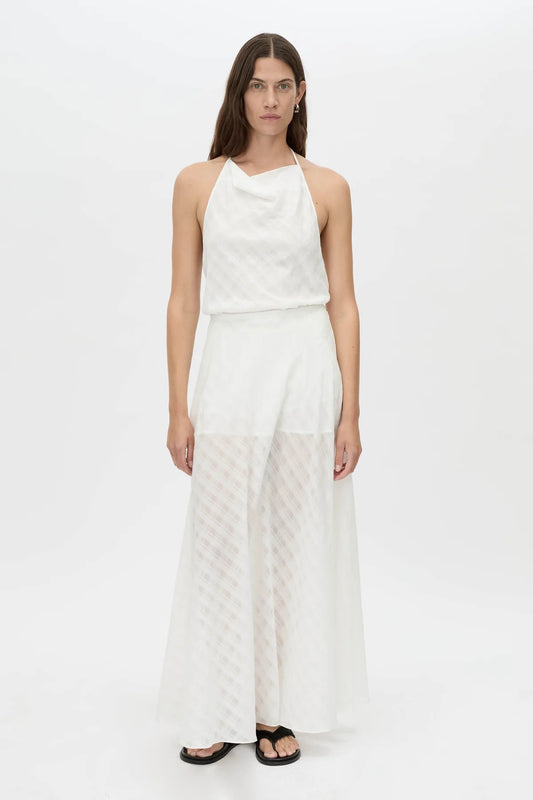 Louise Maxi Skirt by Camilla and Marc – a soft white sheer check maxi skirt with an elastic waist and detachable lining, perfect for elegant layering.