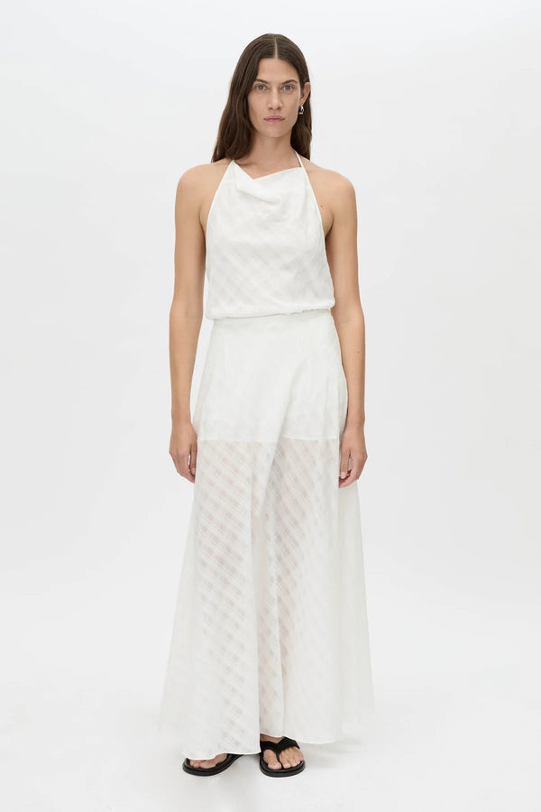 Louise Maxi Skirt by Camilla and Marc – a soft white sheer check maxi skirt with an elastic waist and detachable lining, perfect for elegant layering.