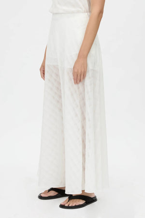 Louise Maxi Skirt by Camilla and Marc – a soft white sheer check maxi skirt with an elastic waist and detachable lining, perfect for elegant layering.