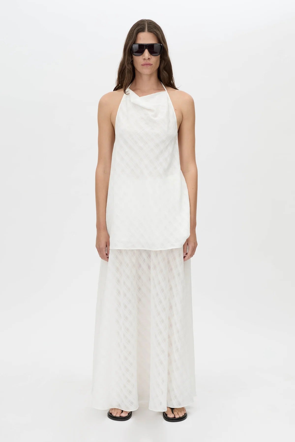 Louise Maxi Skirt by Camilla and Marc – a soft white sheer check maxi skirt with an elastic waist and detachable lining, perfect for elegant layering.