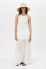 Louise Maxi Skirt by Camilla and Marc – a soft white sheer check maxi skirt with an elastic waist and detachable lining, perfect for elegant layering.