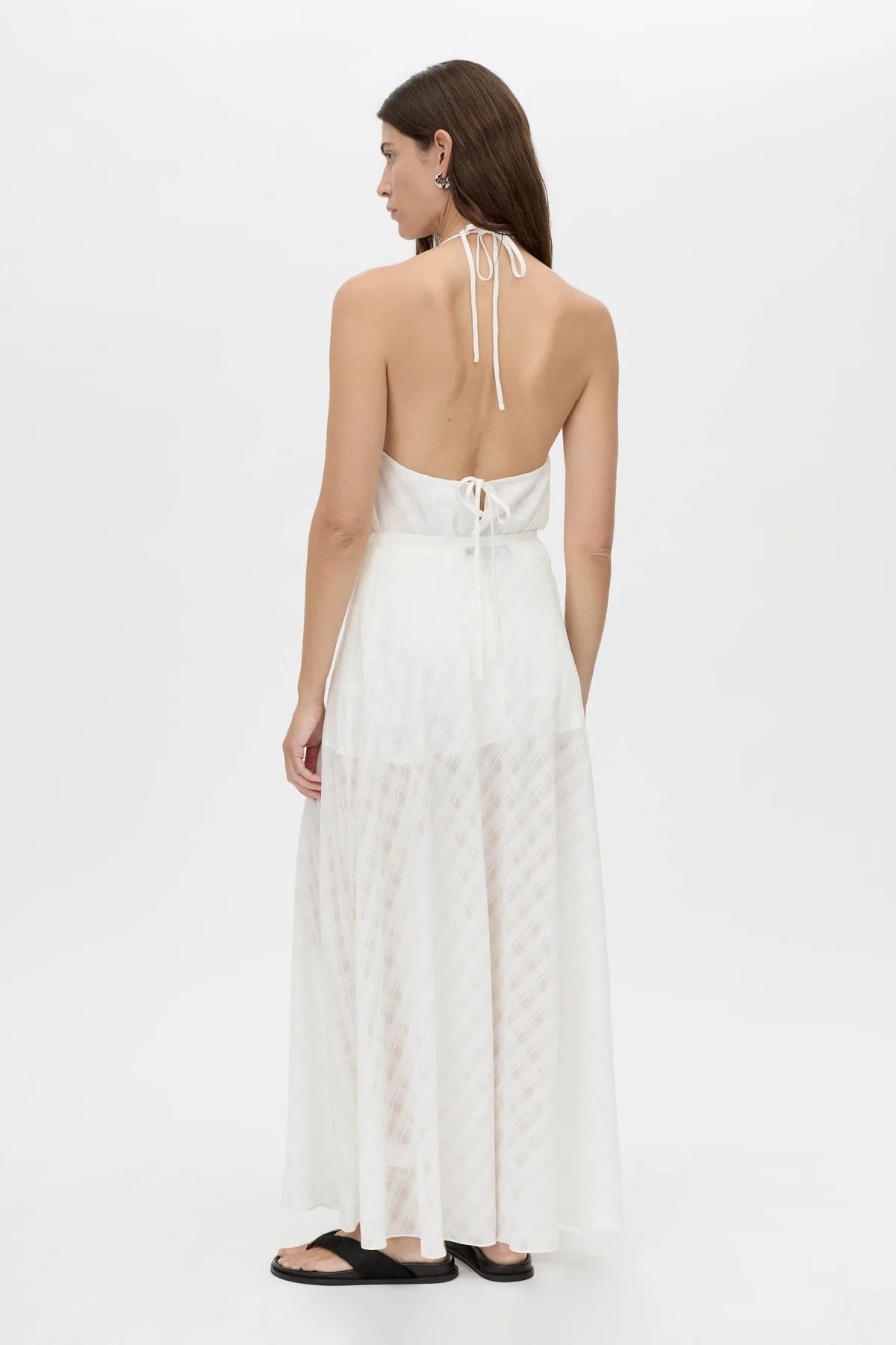 Louise Maxi Skirt by Camilla and Marc – a soft white sheer check maxi skirt with an elastic waist and detachable lining, perfect for elegant layering.