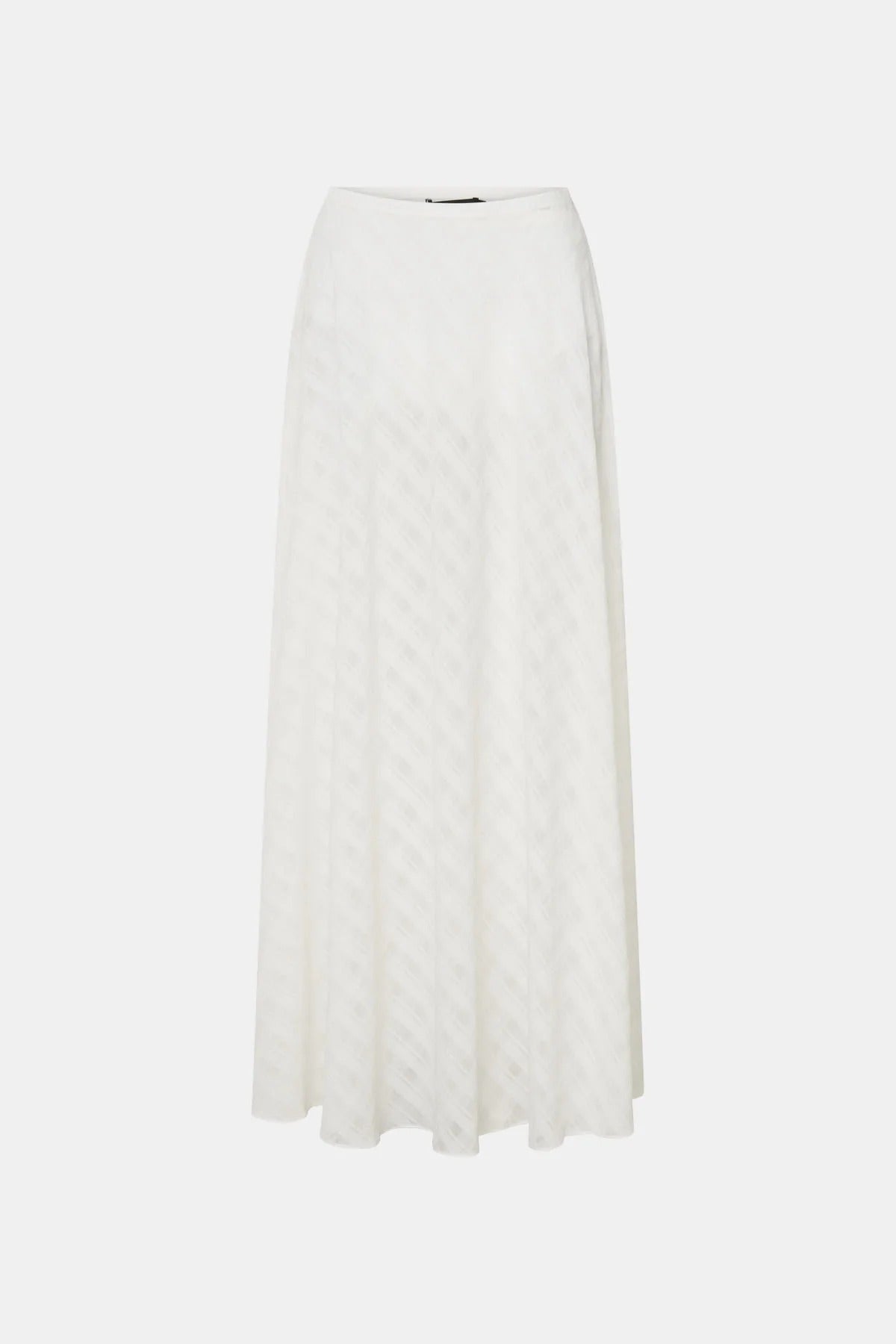 Louise Maxi Skirt by Camilla and Marc – a soft white sheer check maxi skirt with an elastic waist and detachable lining, perfect for elegant layering.