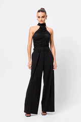 Love Again Top Black by Mossman, halter Lycra top with racerback, gathered detail and rosette accent, a trendy piece perfect for chic evenings or events.