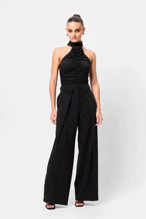 Love Again Top Black by Mossman, halter Lycra top with racerback, gathered detail and rosette accent, a trendy piece perfect for chic evenings or events.