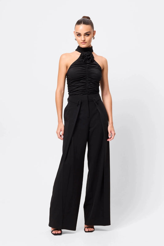 Love Again Top Black by Mossman, halter Lycra top with racerback, gathered detail and rosette accent, a trendy piece perfect for chic evenings or events.