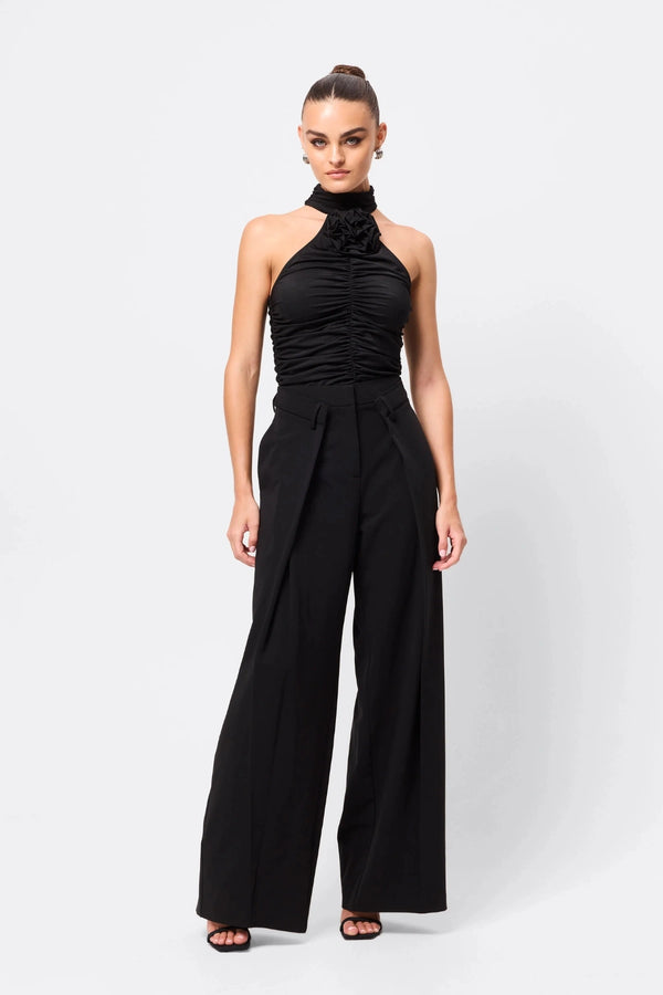 Love Again Top Black by Mossman, halter Lycra top with racerback, gathered detail and rosette accent, a trendy piece perfect for chic evenings or events.