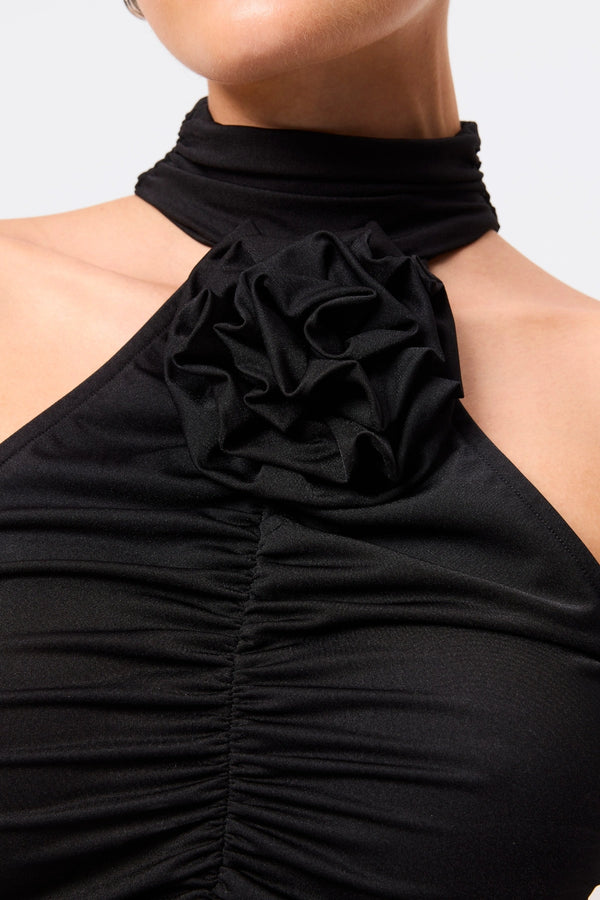 Love Again Top Black by Mossman, halter Lycra top with racerback, gathered detail and rosette accent, a trendy piece perfect for chic evenings or events.