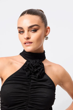 Love Again Top Black by Mossman, halter Lycra top with racerback, gathered detail and rosette accent, a trendy piece perfect for chic evenings or events.