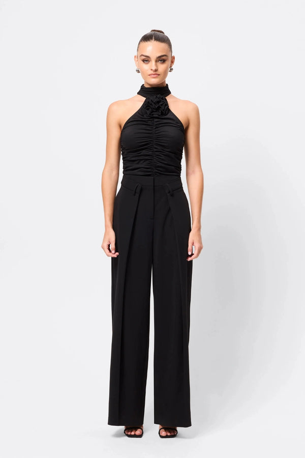 Love Again Top Black by Mossman, halter Lycra top with racerback, gathered detail and rosette accent, a trendy piece perfect for chic evenings or events.