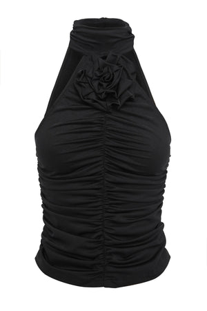 Love Again Top Black by Mossman, halter Lycra top with racerback, gathered detail and rosette accent, a trendy piece perfect for chic evenings or events.