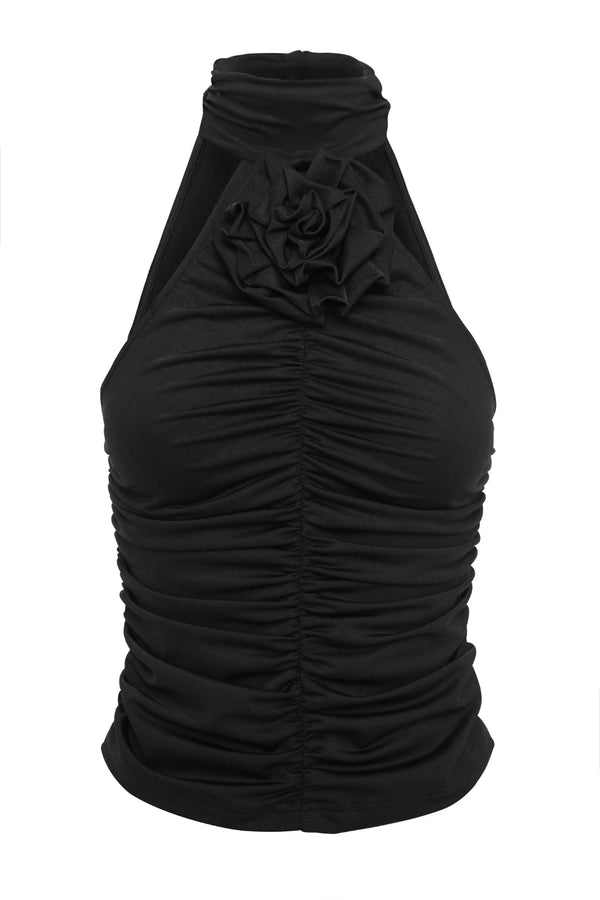Love Again Top Black by Mossman, halter Lycra top with racerback, gathered detail and rosette accent, a trendy piece perfect for chic evenings or events.