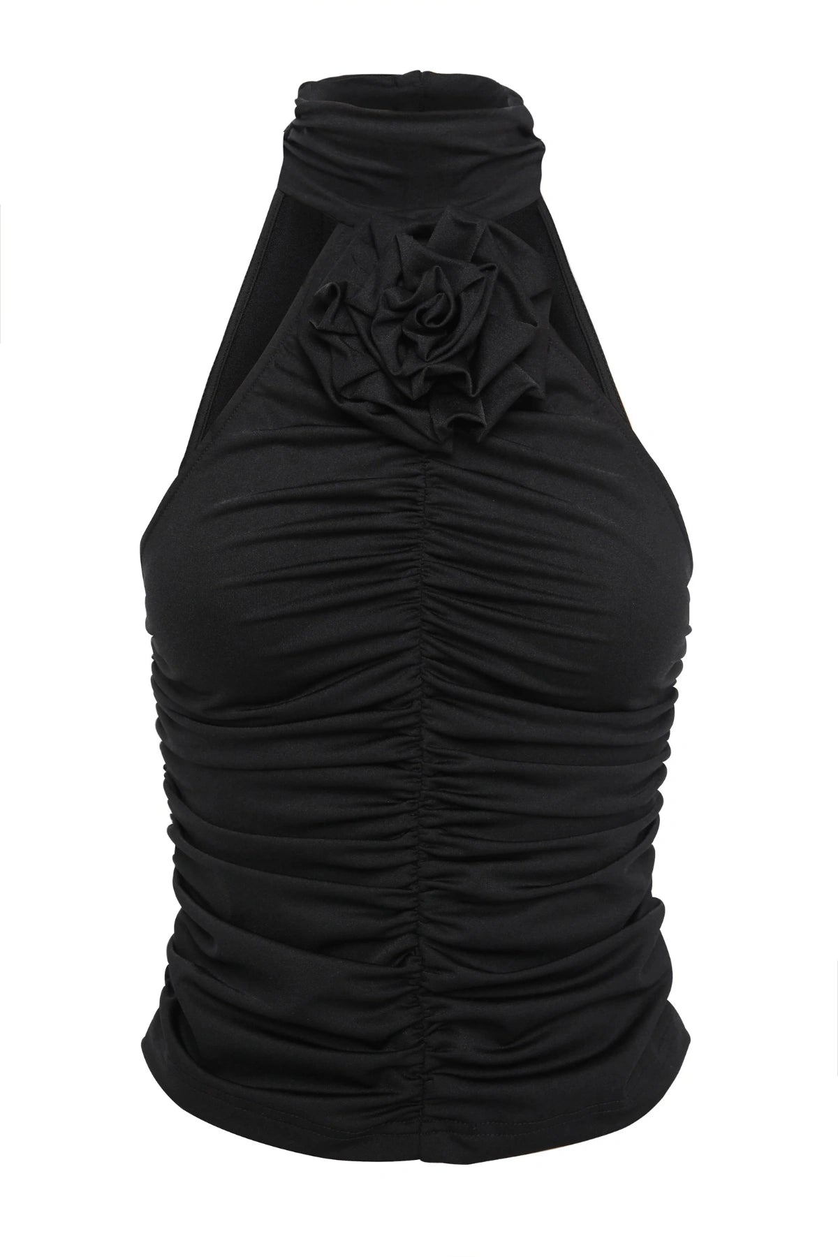 Love Again Top Black by Mossman, halter Lycra top with racerback, gathered detail and rosette accent, a trendy piece perfect for chic evenings or events.