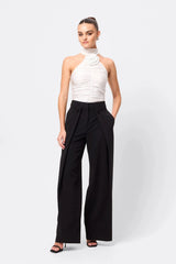 Love Again Top White by Mossman, halter Lycra top with racerback, gathered detail and rosette accent, a trendy piece perfect for chic evenings or events.