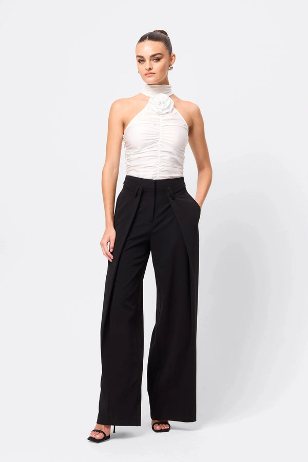 Love Again Top White by Mossman, halter Lycra top with racerback, gathered detail and rosette accent, a trendy piece perfect for chic evenings or events.