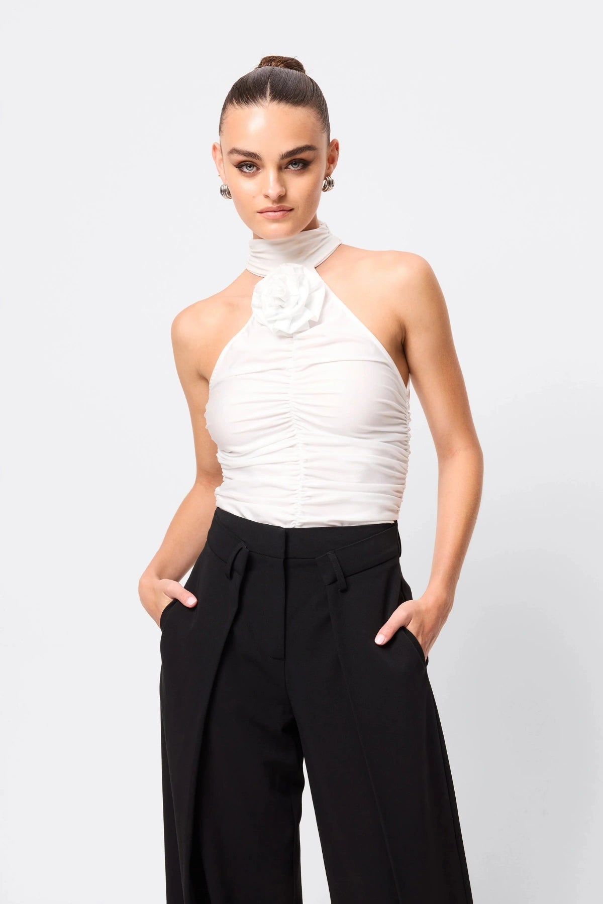 Love Again Top White by Mossman, halter Lycra top with racerback, gathered detail and rosette accent, a trendy piece perfect for chic evenings or events.