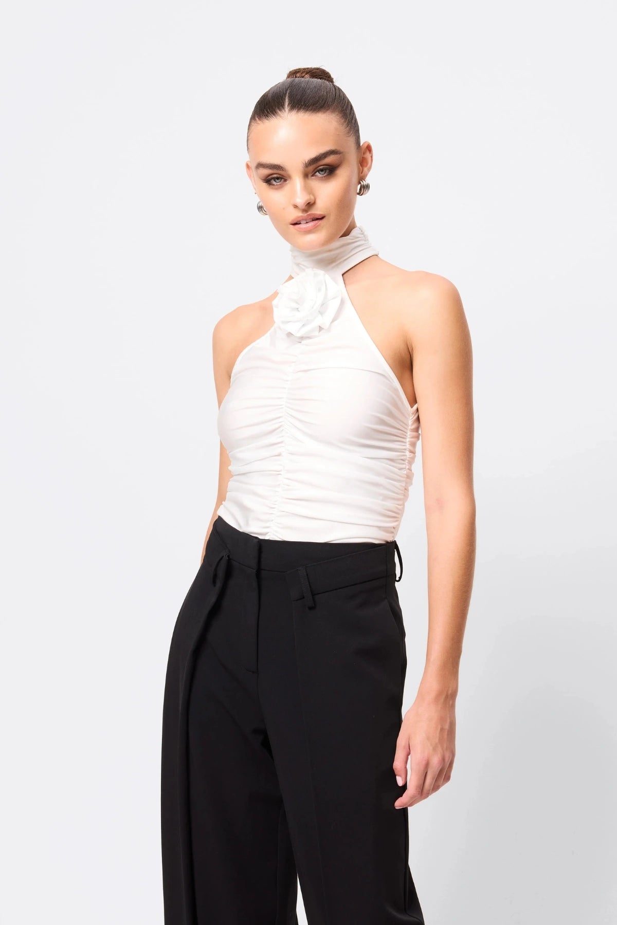 Love Again Top White by Mossman, halter Lycra top with racerback, gathered detail and rosette accent, a trendy piece perfect for chic evenings or events.