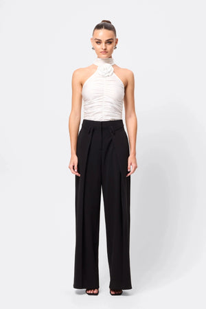 Love Again Top White by Mossman, halter Lycra top with racerback, gathered detail and rosette accent, a trendy piece perfect for chic evenings or events.