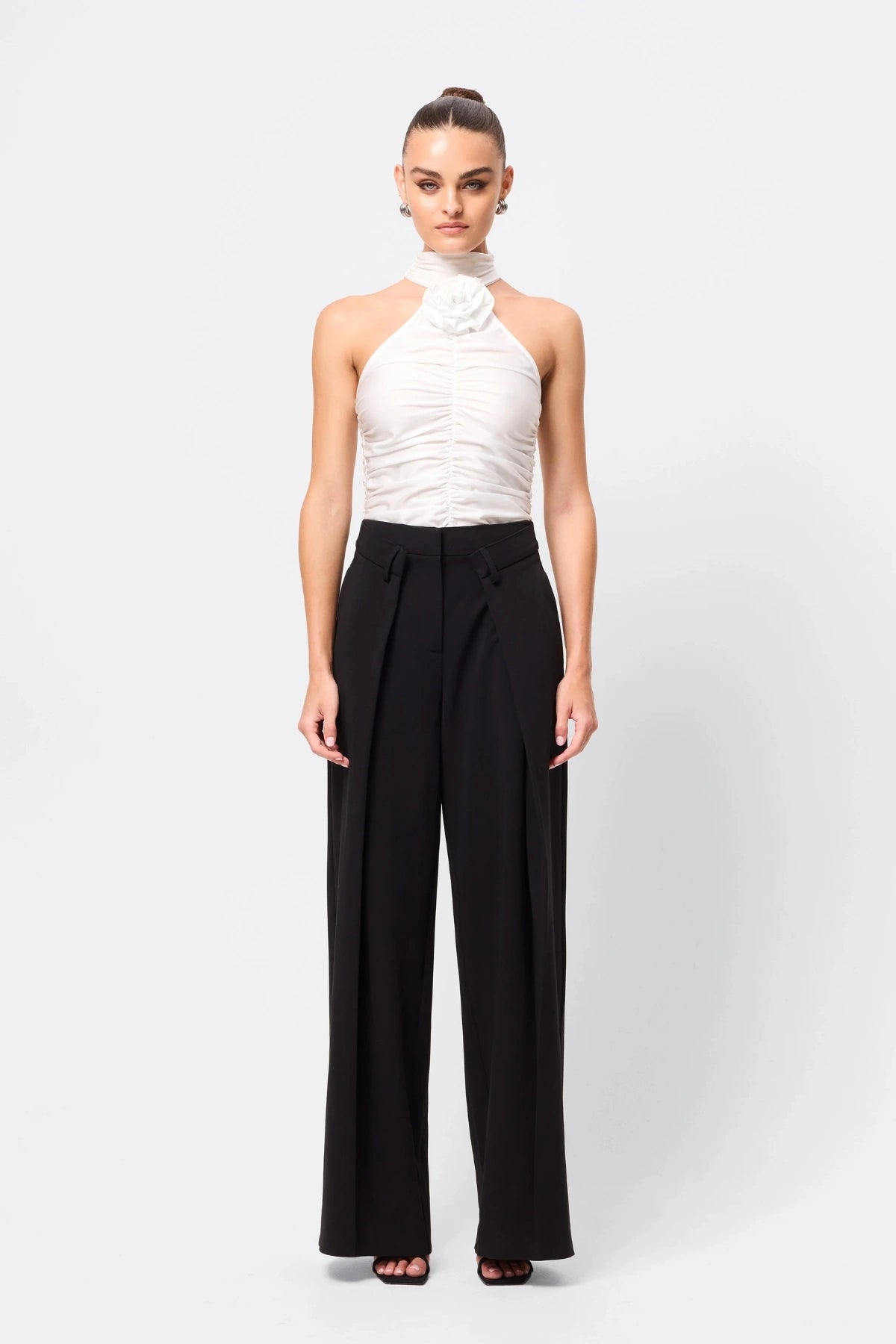 Love Again Top White by Mossman, halter Lycra top with racerback, gathered detail and rosette accent, a trendy piece perfect for chic evenings or events.