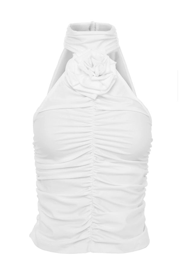 Love Again Top White by Mossman, halter Lycra top with racerback, gathered detail and rosette accent, a trendy piece perfect for chic evenings or events.