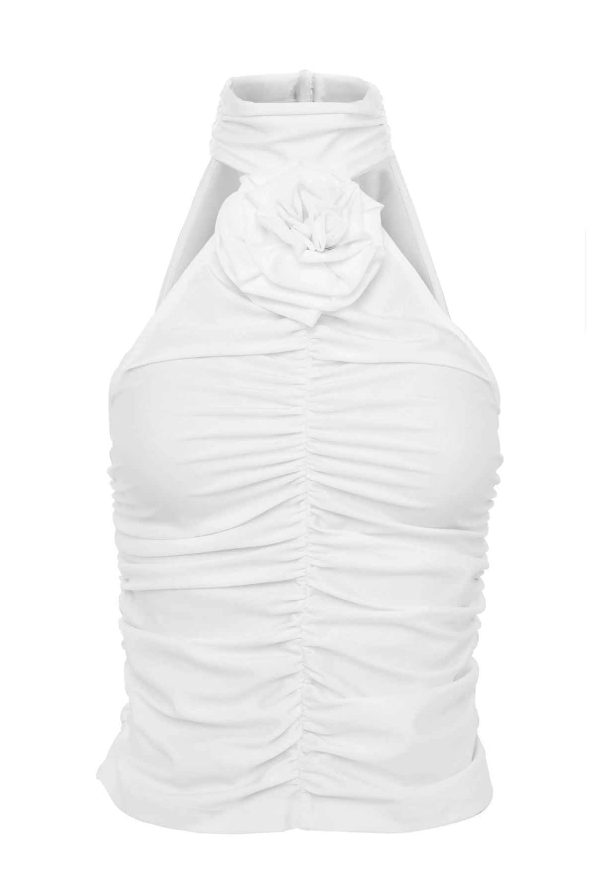 Love Again Top White by Mossman, halter Lycra top with racerback, gathered detail and rosette accent, a trendy piece perfect for chic evenings or events.
