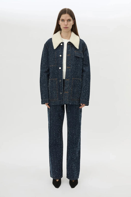 Luca Denim Utility Jacket Indigo Neps by Camilla and Marc - denim jacket with shearling collar and utility pockets, designed for a structured modern look.
