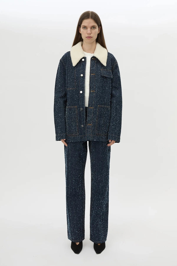 Luca Denim Utility Jacket Indigo Neps by Camilla and Marc - denim jacket with shearling collar and utility pockets, designed for a structured modern look.