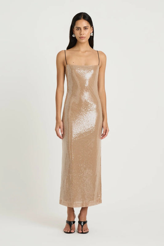 Lucca Maxi Dress by Benni, sequin maxi with liquid-effect shine and sleek black contrast straps, perfect for elegant evening celebrations.