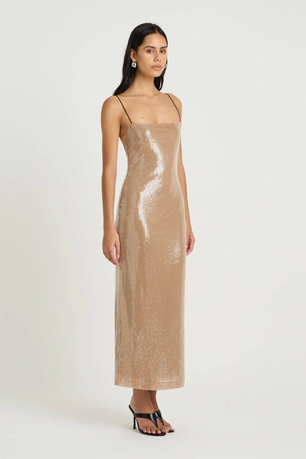 Lucca Maxi Dress by Benni, sequin maxi with liquid-effect shine and sleek black contrast straps, perfect for elegant evening celebrations.