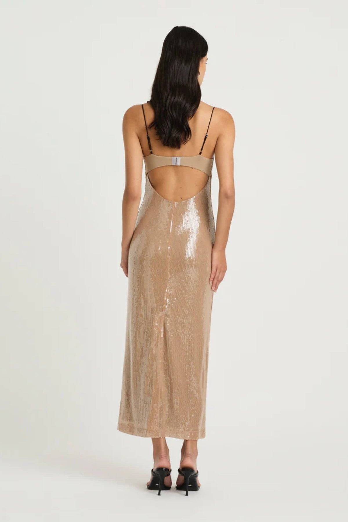 Lucca Maxi Dress by Benni, sequin maxi with liquid-effect shine and sleek black contrast straps, perfect for elegant evening celebrations.