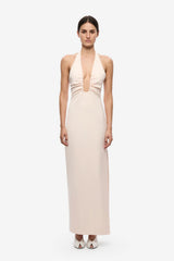 Luci Crepe Dress by Misha, a soft pink halter midi with plunging neckline, waist ruching and side split for elegant events.