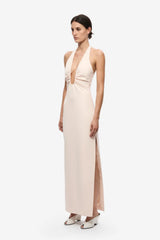 Luci Crepe Dress by Misha, a soft pink halter midi with plunging neckline, waist ruching and side split for elegant events.