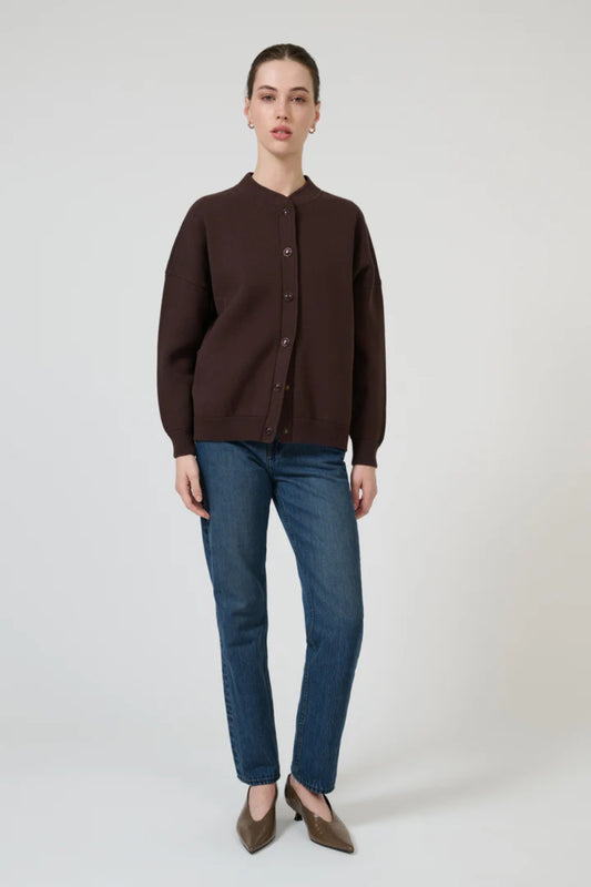Lucia Bomber Chocolate by Onte – structured cotton bomber jacket with Milano knit and tonal snap buttons.