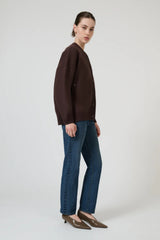 Lucia Bomber Chocolate by Onte – structured cotton bomber jacket with Milano knit and tonal snap buttons.