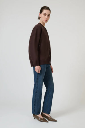 Lucia Bomber Chocolate by Onte – structured cotton bomber jacket with Milano knit and tonal snap buttons.