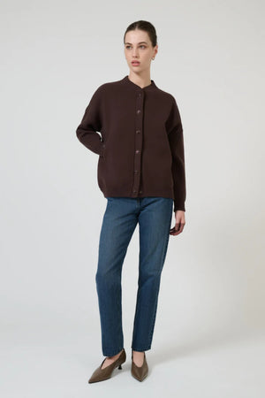 Lucia Bomber Chocolate by Onte – structured cotton bomber jacket with Milano knit and tonal snap buttons.