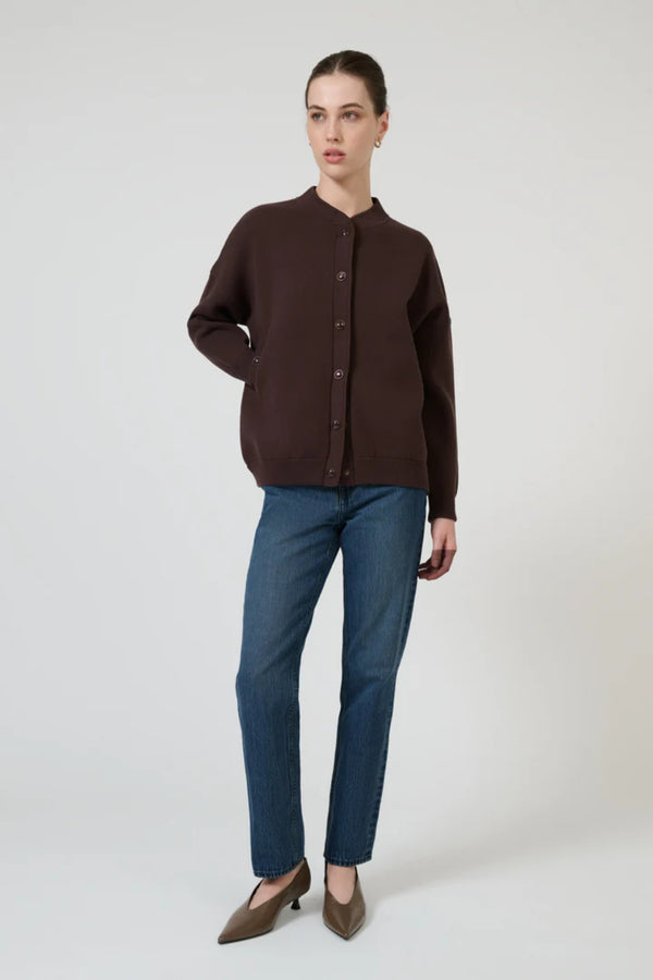 Lucia Bomber Chocolate by Onte – structured cotton bomber jacket with Milano knit and tonal snap buttons.