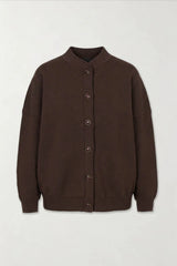 Lucia Bomber Chocolate by Onte – structured cotton bomber jacket with Milano knit and tonal snap buttons.