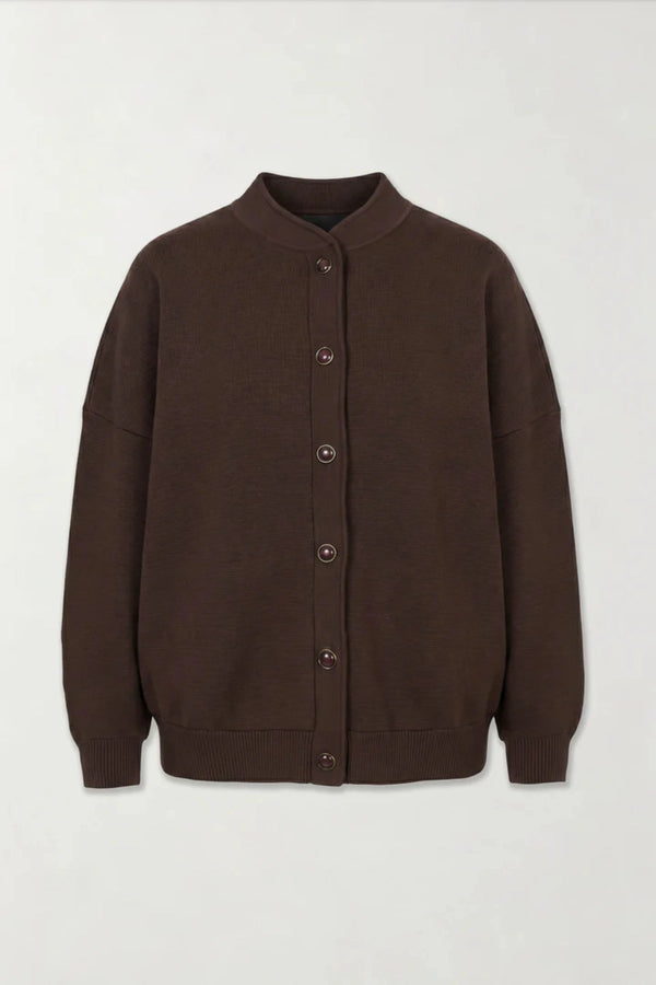 Lucia Bomber Chocolate by Onte – structured cotton bomber jacket with Milano knit and tonal snap buttons.