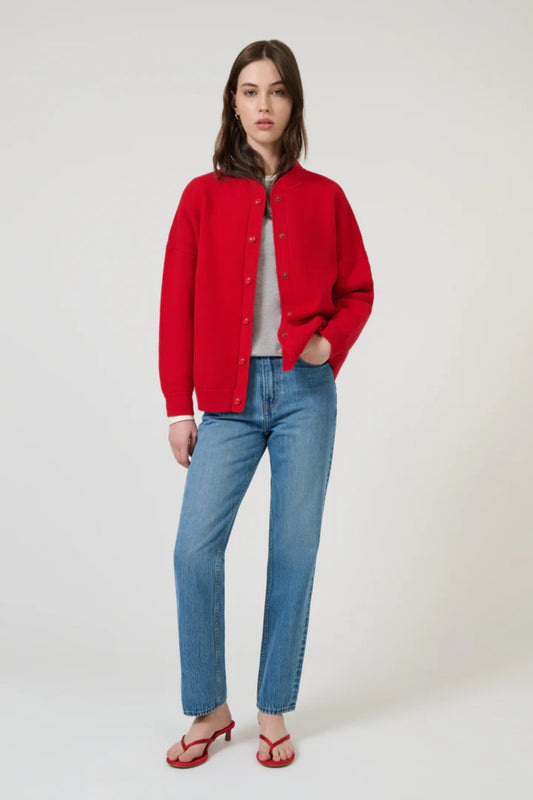Lucia Bomber Red by Onte - red knit bomber jacket with snap buttons and rib trim, designed for a structured modern look.