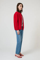 Lucia Bomber Red by Onte - red knit bomber jacket with snap buttons and rib trim, designed for a structured modern look.