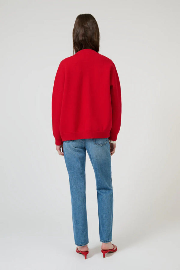 Lucia Bomber Red by Onte - red knit bomber jacket with snap buttons and rib trim, designed for a structured modern look.
