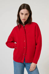 Lucia Bomber Red by Onte - red knit bomber jacket with snap buttons and rib trim, designed for a structured modern look.