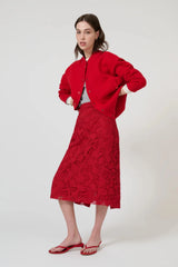 Lucia Bomber Red by Onte - red knit bomber jacket with snap buttons and rib trim, designed for a structured modern look.