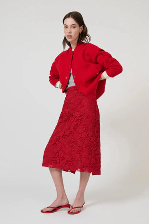 Lucia Bomber Red by Onte - red knit bomber jacket with snap buttons and rib trim, designed for a structured modern look.