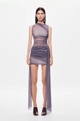 Lucid Mesh Mini Dress Shark by MISHA – a ruched mesh mini with asymmetrical neckline and sash detail. Perfect for statement styling.