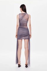 Lucid Mesh Mini Dress Shark by MISHA – a ruched mesh mini with asymmetrical neckline and sash detail. Perfect for statement styling.