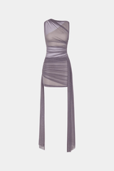 Lucid Mesh Mini Dress Shark by MISHA – a ruched mesh mini with asymmetrical neckline and sash detail. Perfect for statement styling.